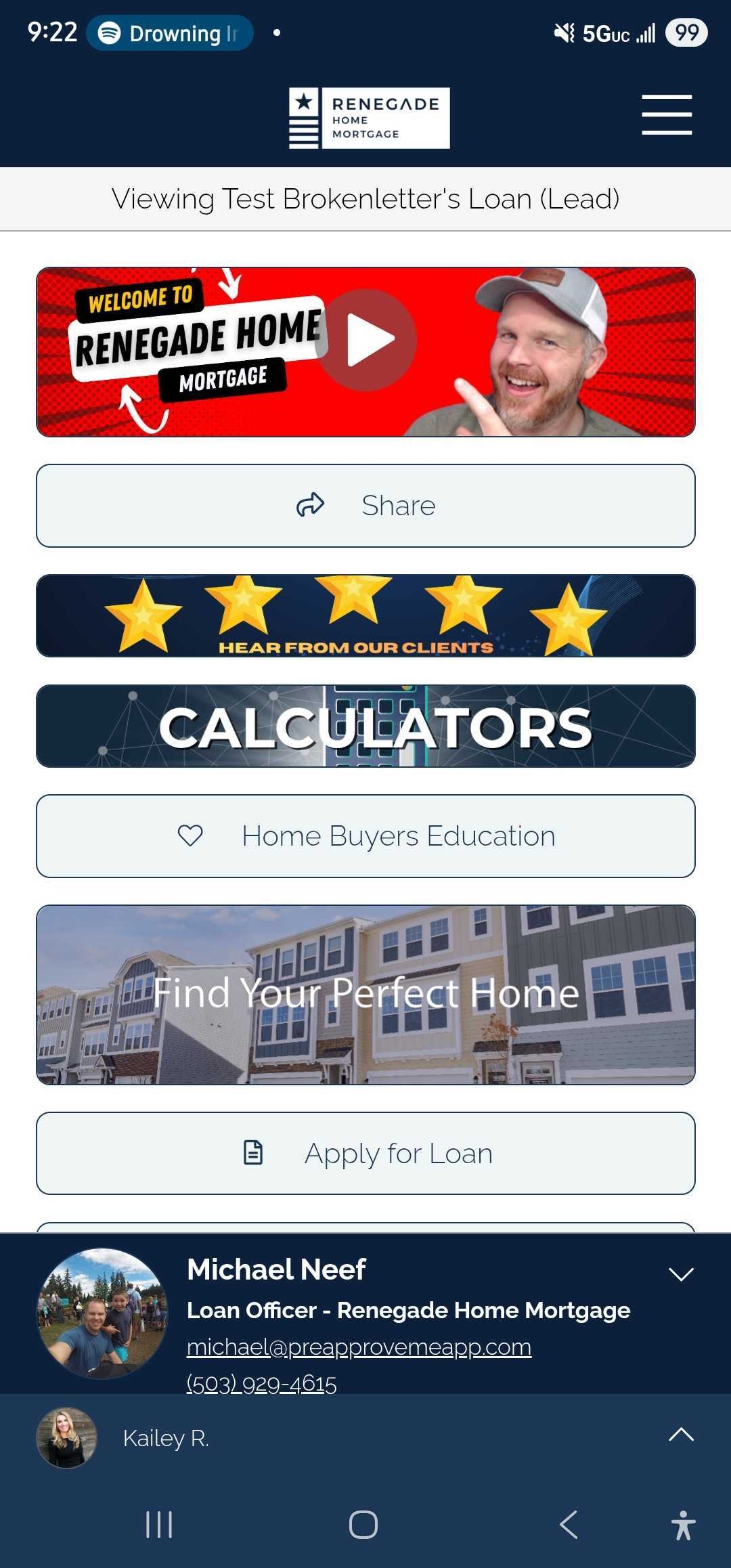 App home screen with welcome video, calculators, and quick actions