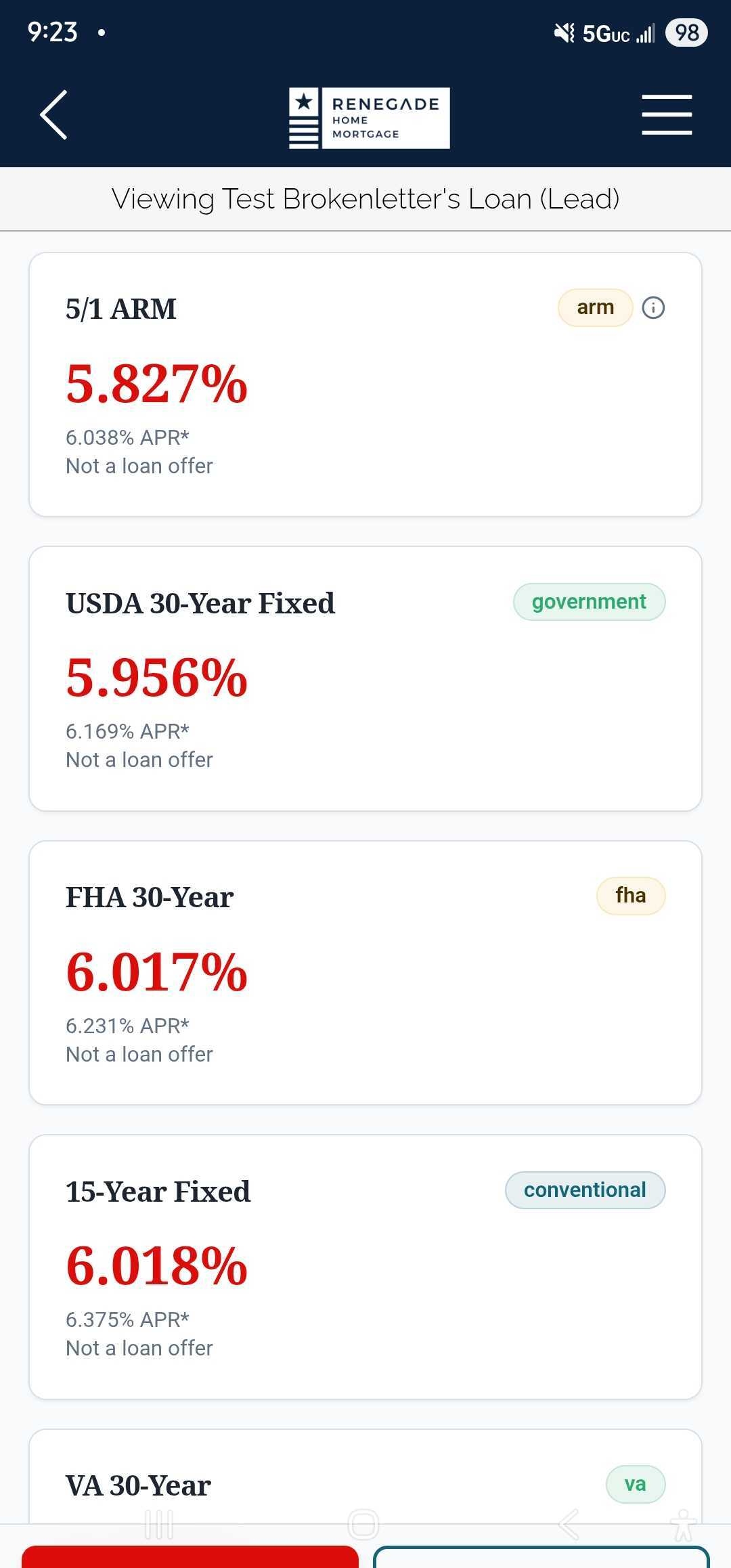 Compare ARM, USDA, FHA, Conventional, and VA rates