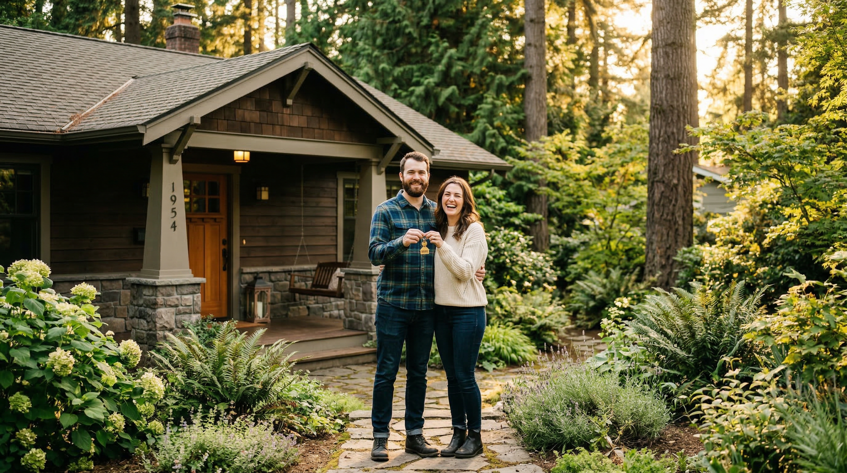 Young couple holding keys in front of their new Pacific Northwest craftsman home
