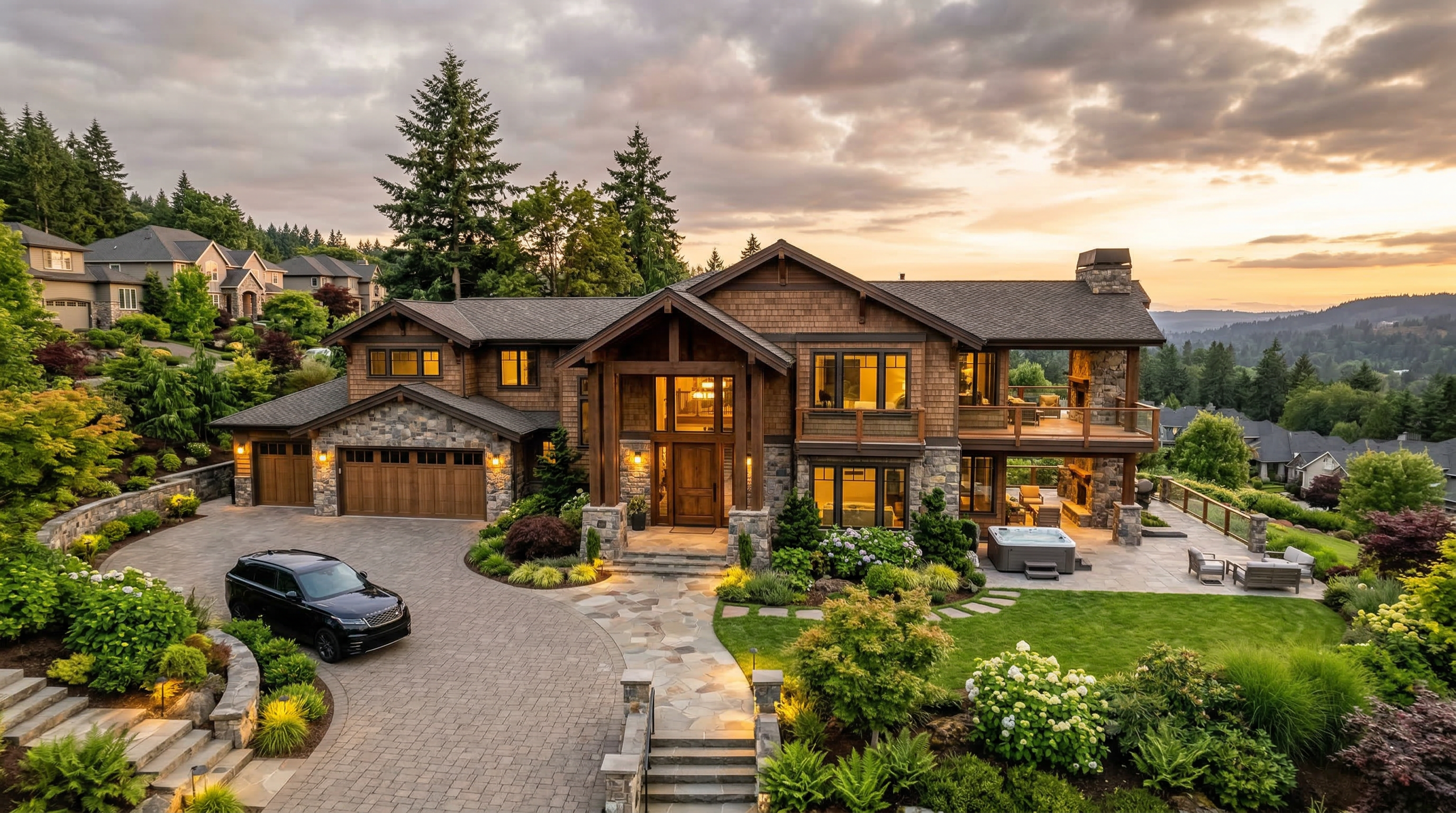 Luxury craftsman estate home in West Linn Oregon at sunset