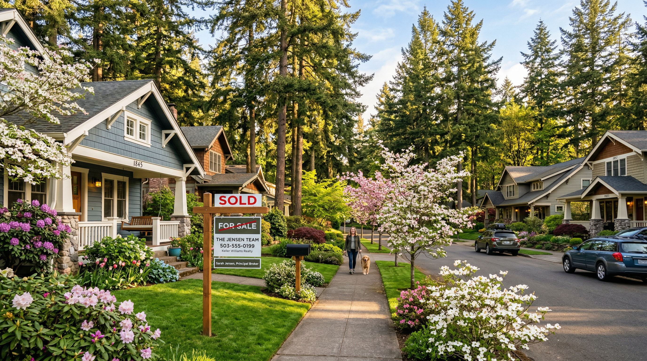 Pacific Northwest suburban street with craftsman homes, blooming cherry trees, and a sold sign on a spring morning in West Linn Oregon
