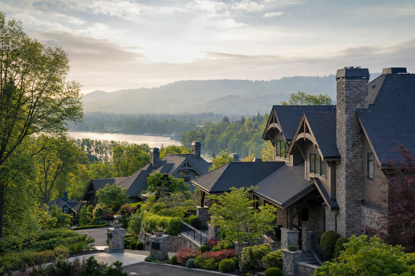 A hillside view of upscale West Linn craftsman homes on a hazy spring morning with the Willamette River in the distance