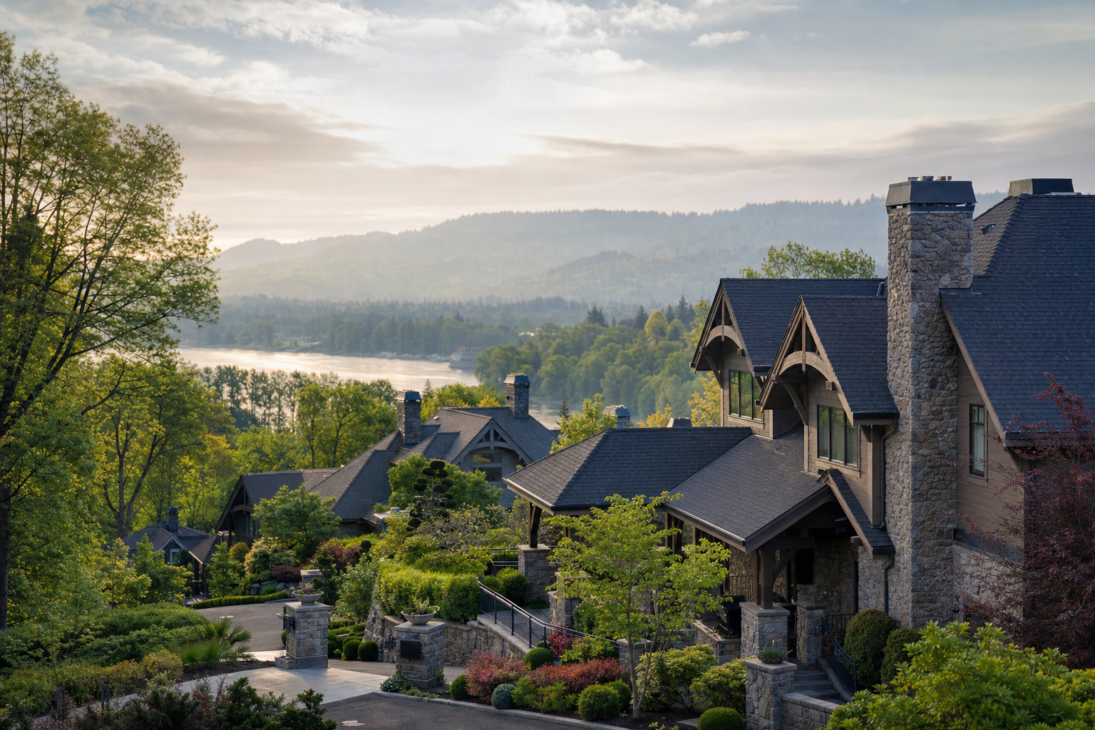 A hillside view of upscale West Linn craftsman homes on a hazy spring morning with the Willamette River in the distance