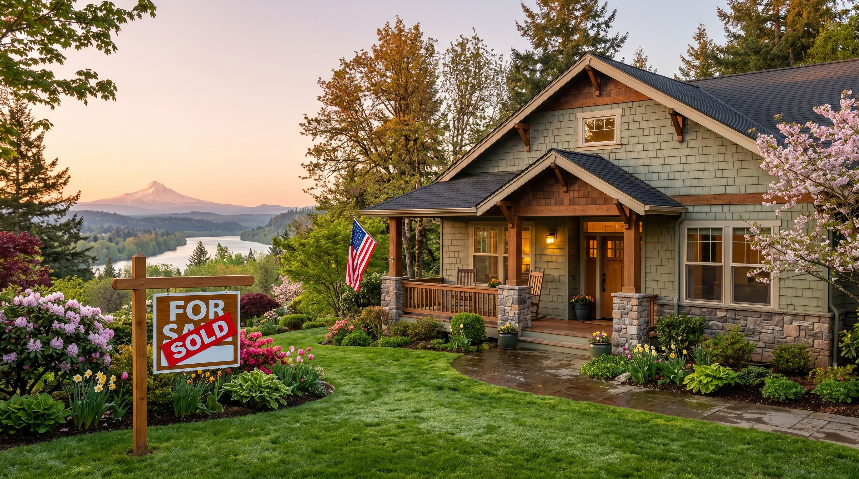 A West Linn craftsman home at sunrise with the Willamette River and Mount Hood in the distance, a Sold sign in the front garden during spring bloom