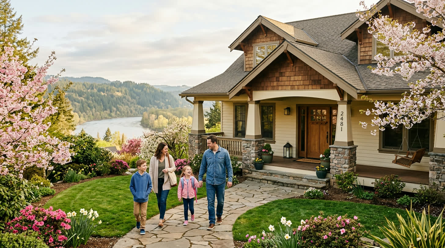 A West Linn family walking up to their craftsman home on a spring morning with cherry blossoms in bloom and the Willamette River visible in the distance
