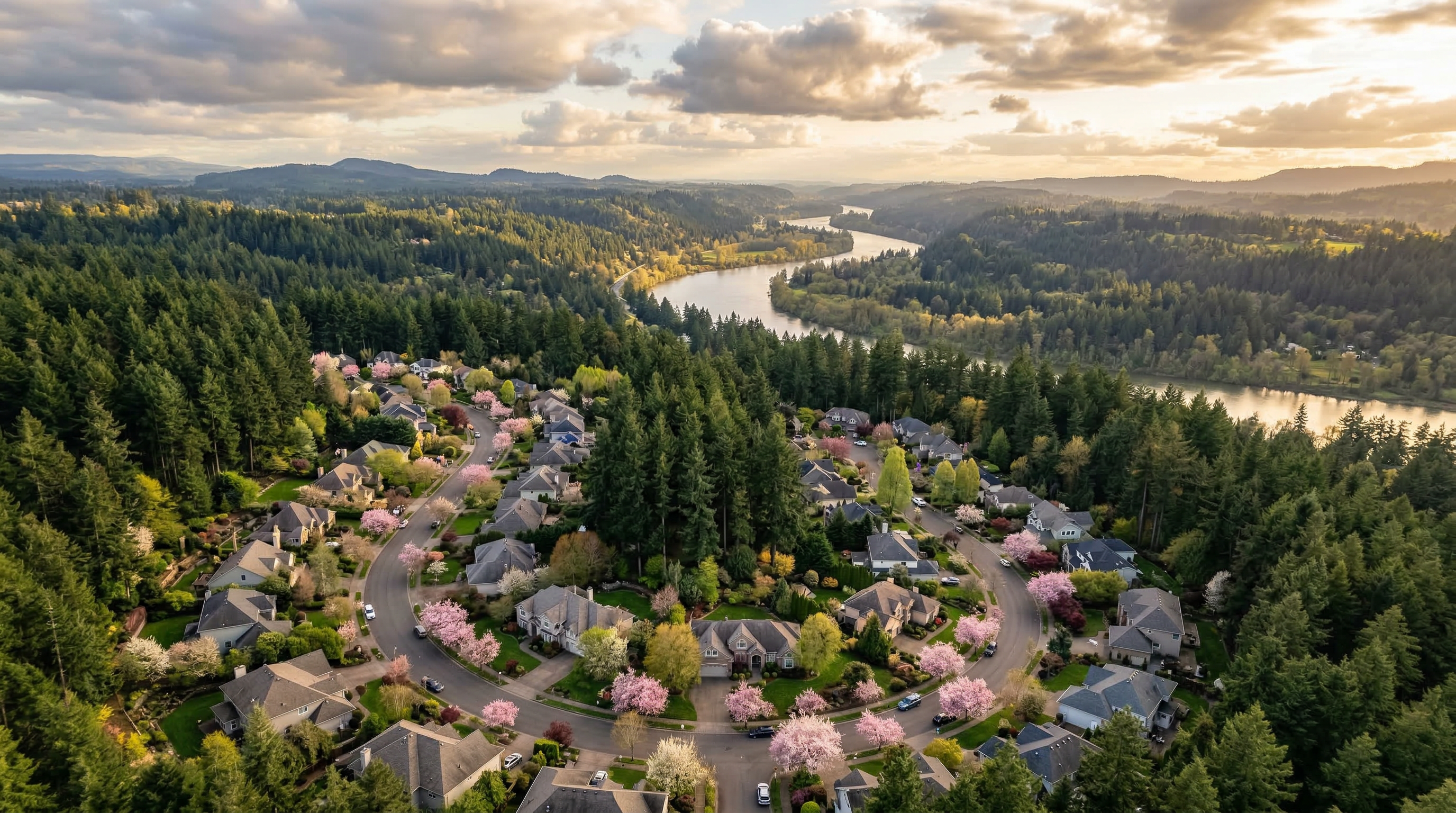 Aerial view of a Pacific Northwest neighborhood surrounded by blooming cherry trees and evergreens at golden hour