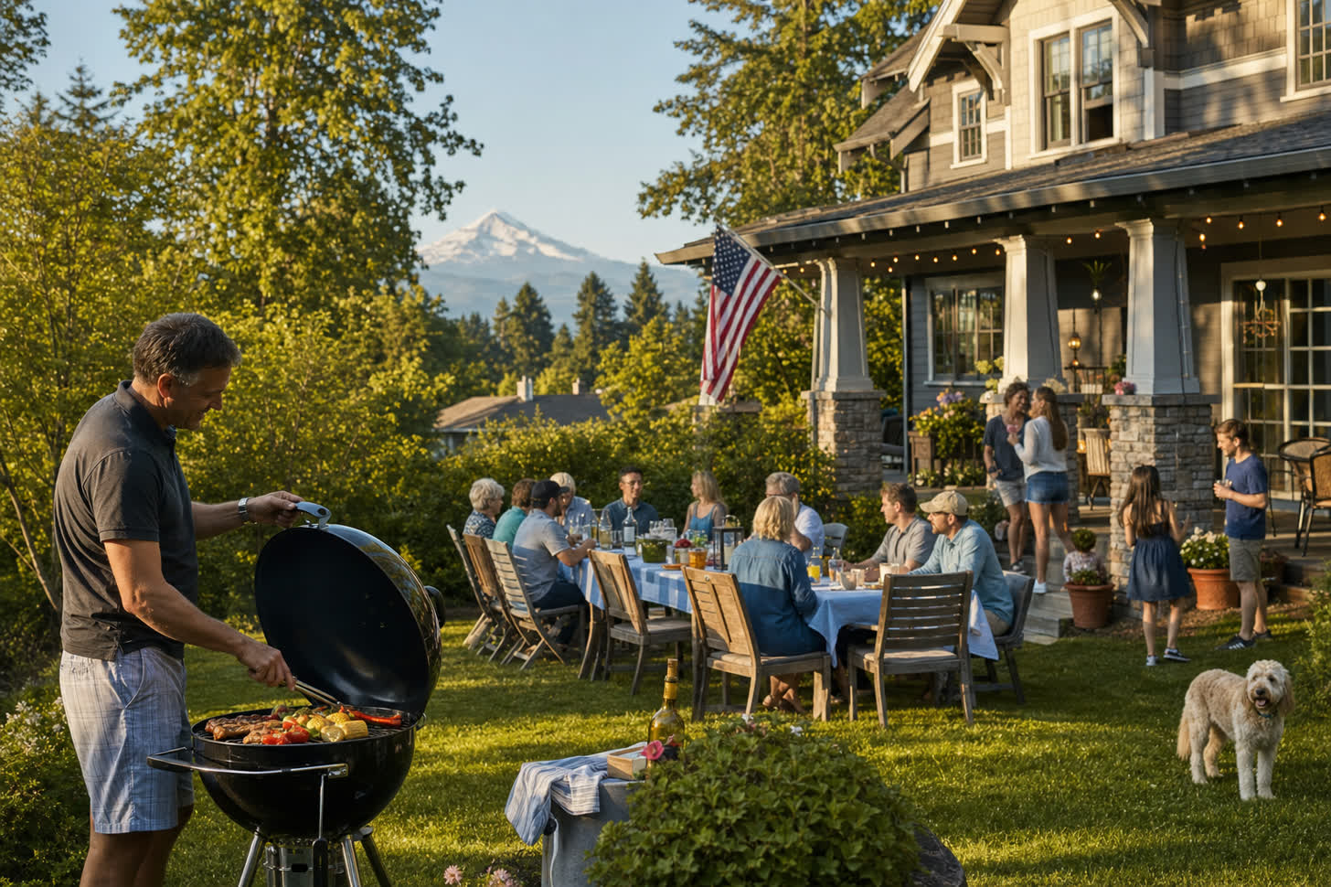 A Memorial Day weekend backyard barbecue at a West Linn craftsman home with an American flag on the porch and Mount Hood in the distance