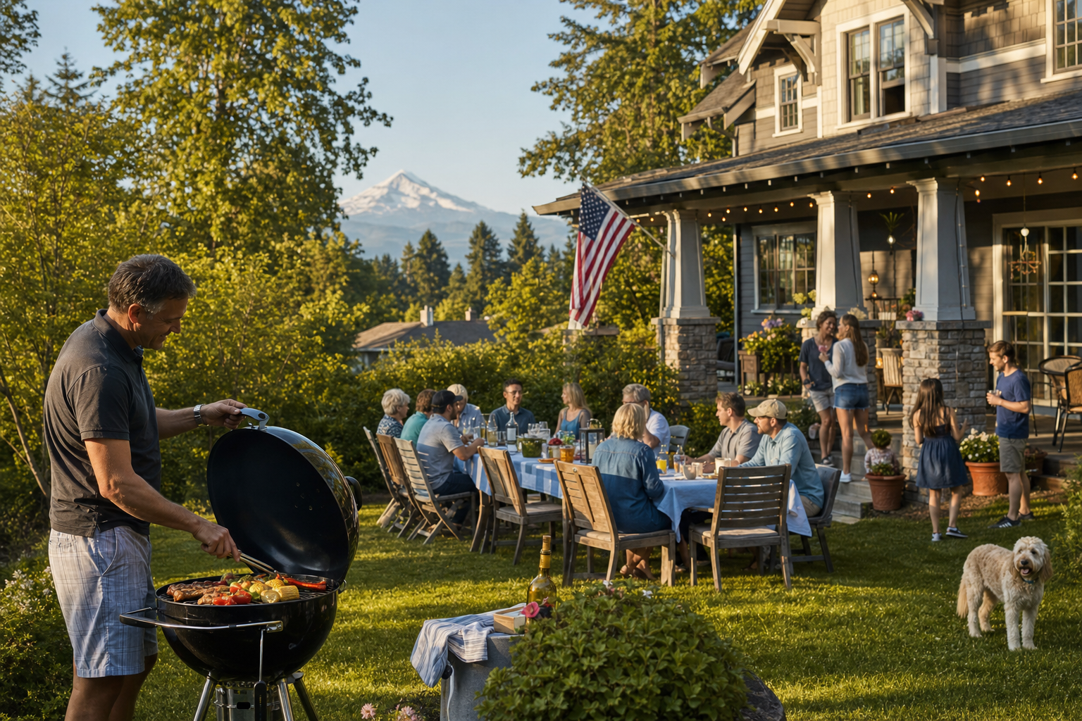 A Memorial Day weekend backyard barbecue at a West Linn craftsman home with an American flag on the porch and Mount Hood in the distance