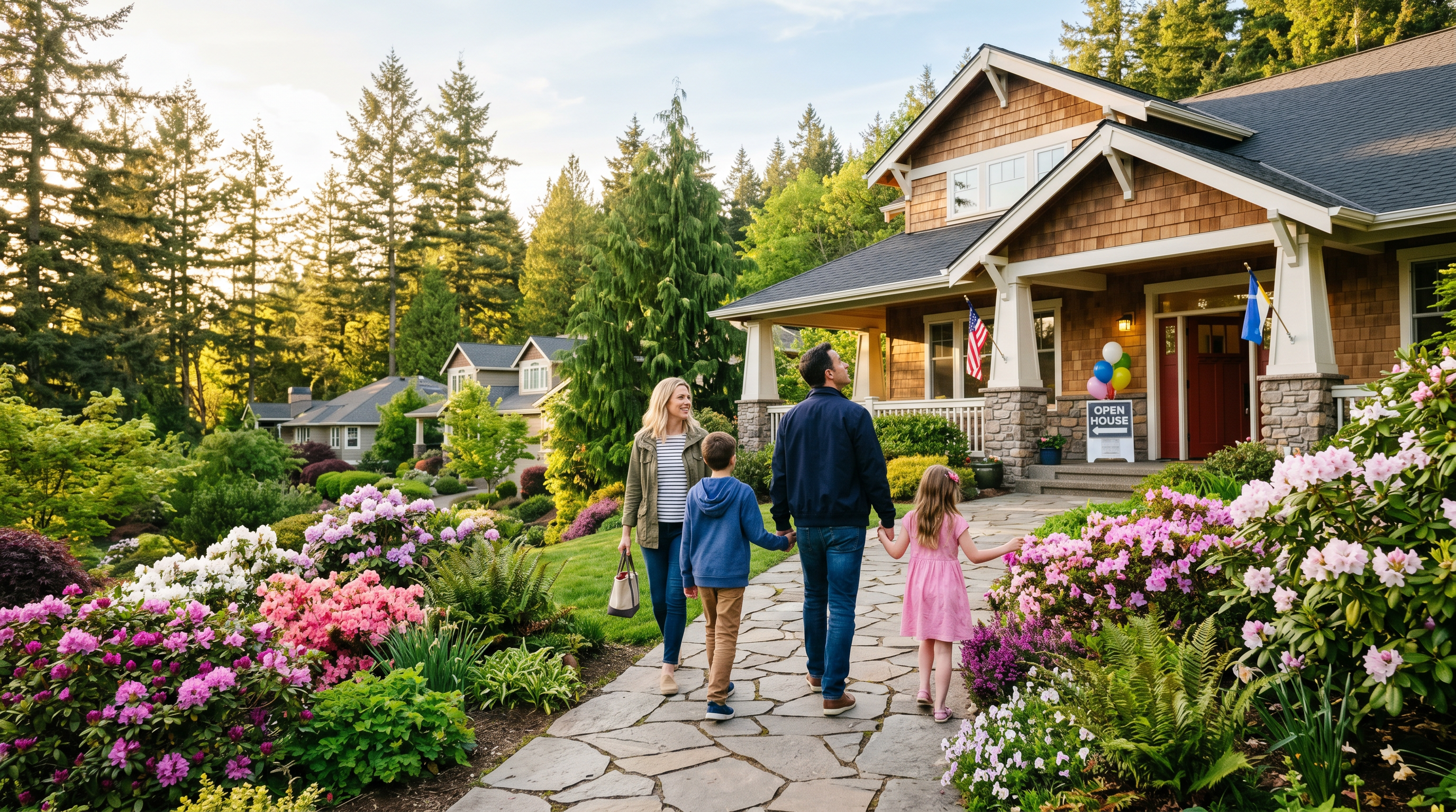 Family walking toward a Pacific Northwest craftsman home during a spring open house with blooming gardens