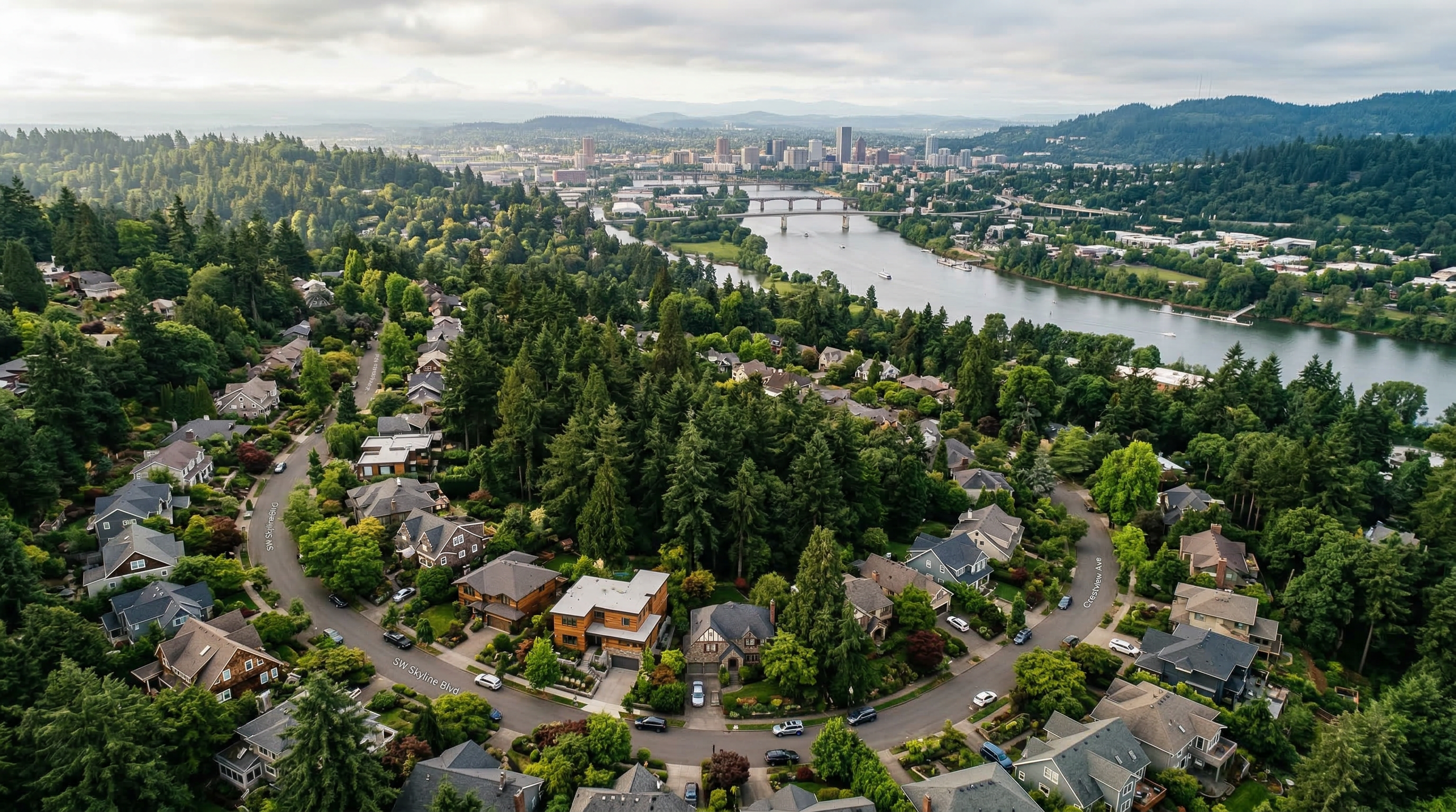 Aerial view of Pacific Northwest neighborhood along the Willamette River