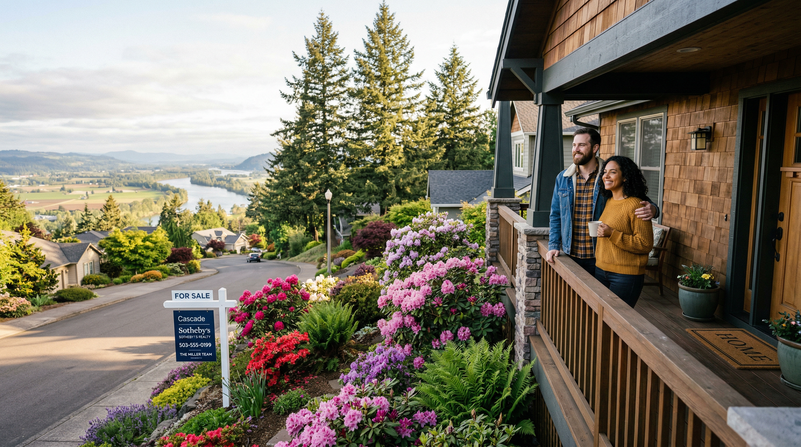 A couple enjoying coffee on the porch of a Pacific Northwest craftsman home with a For Sale sign, blooming rhododendrons, and Willamette River valley views