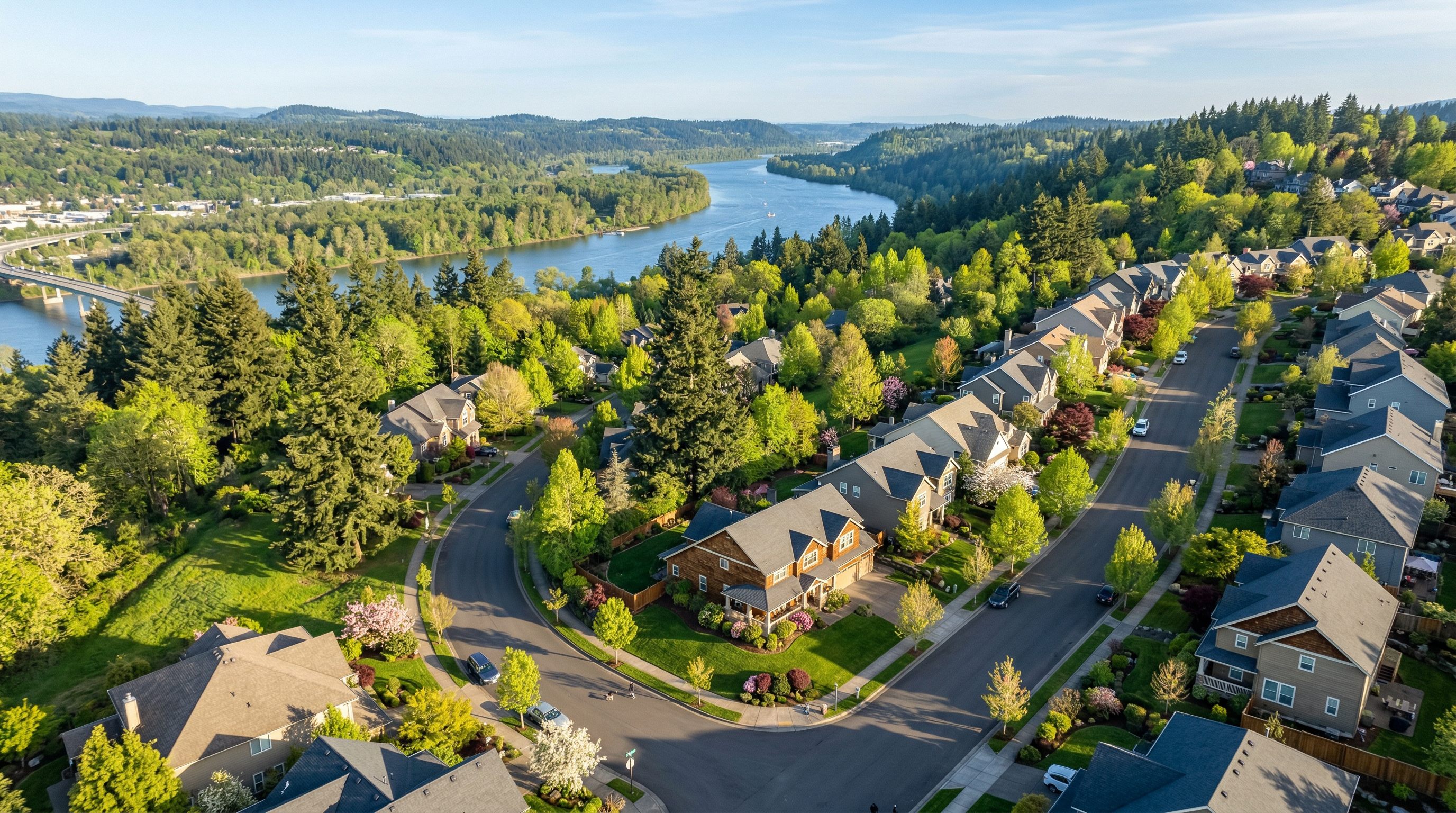 Aerial view of West Linn Oregon neighborhood in spring with the Willamette River in the background, surrounded by Douglas firs and blooming trees