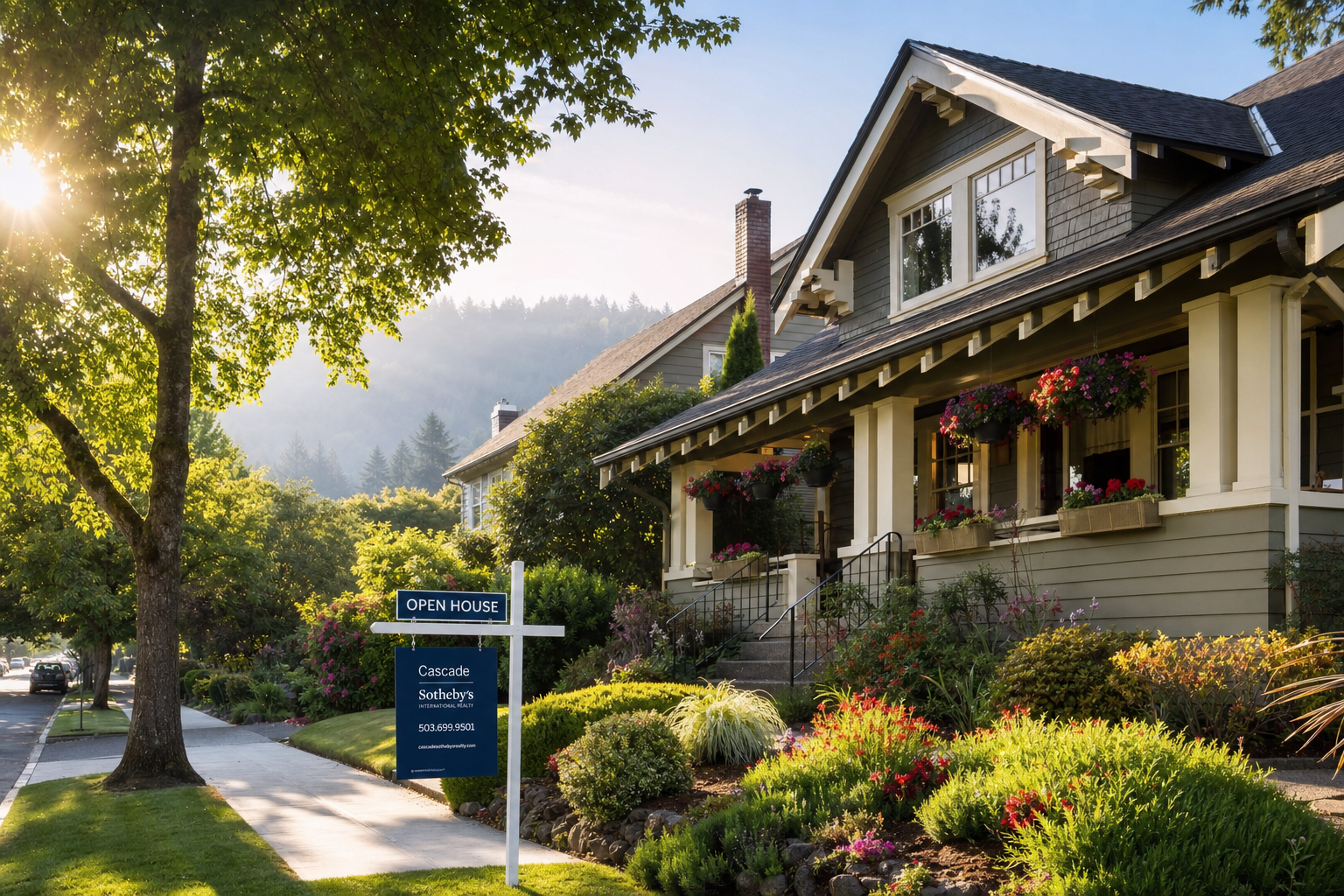 A West Linn craftsman home with an Open House sign on a quiet residential street with hanging flower baskets and morning sunlight