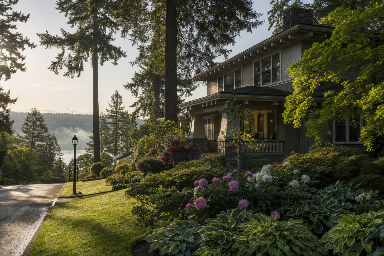 A West Linn craftsman home on a quiet residential street with peonies in bloom and the Willamette River faintly visible through morning mist