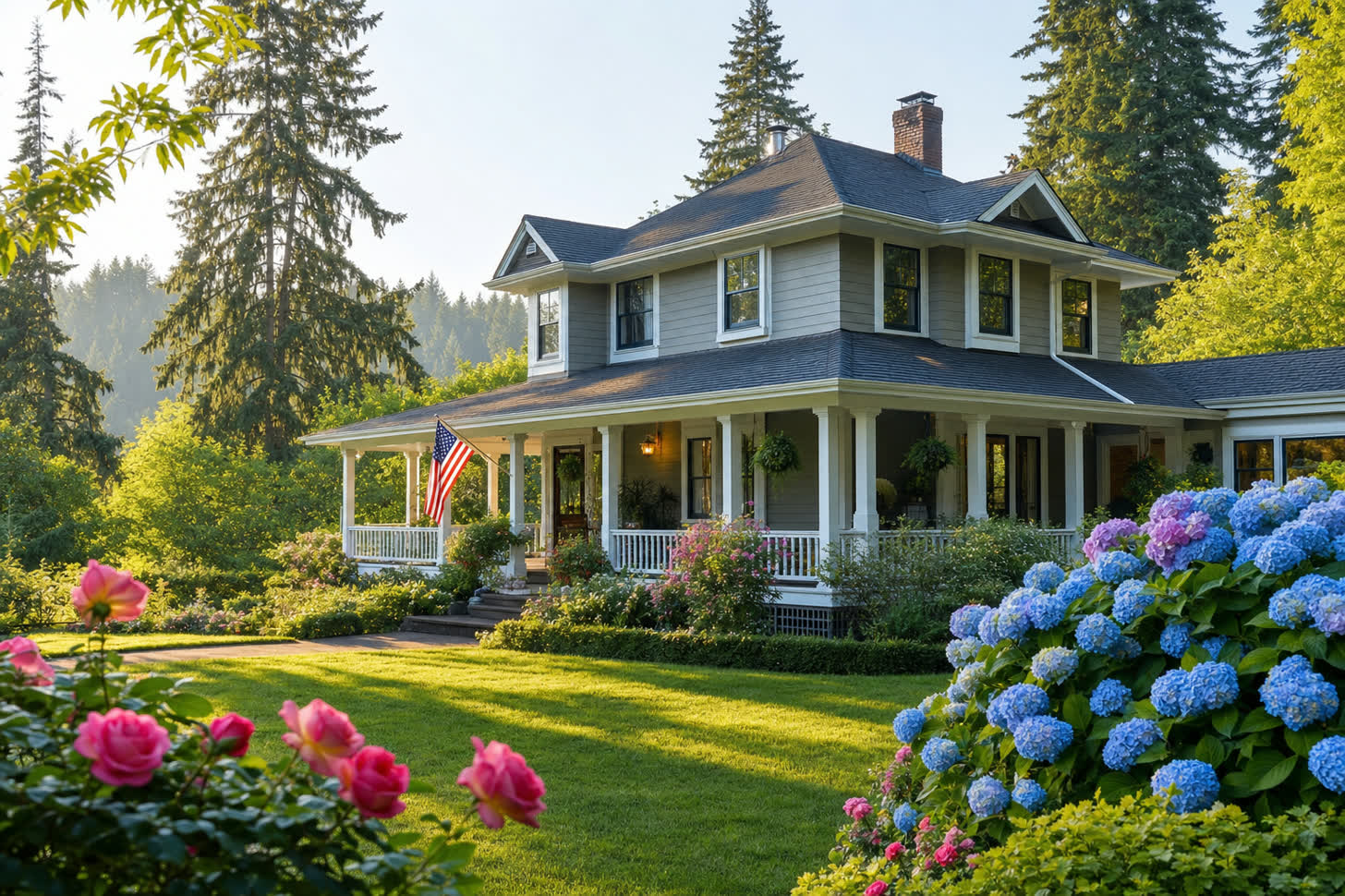 A West Linn farmhouse-style home with wrap-around porch, American flag, hydrangeas and roses in full early summer bloom