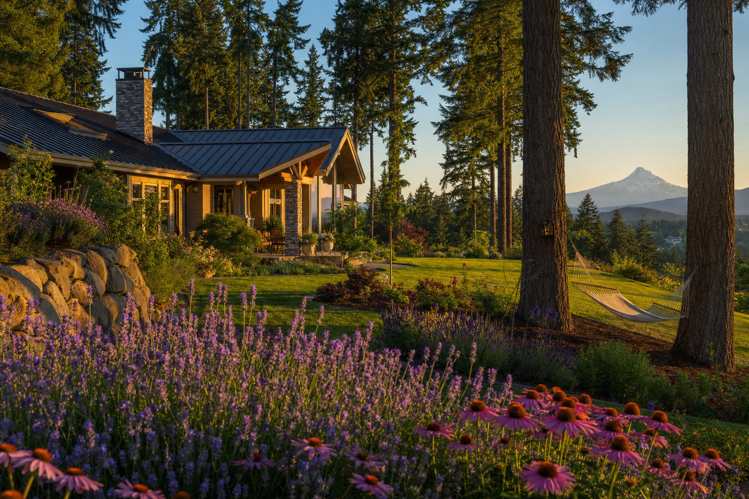 A West Linn ranch-style home with metal roof nestled among Pacific Northwest Douglas firs, lavender and echinacea in summer bloom, Mount Hood visible in the distance at golden hour