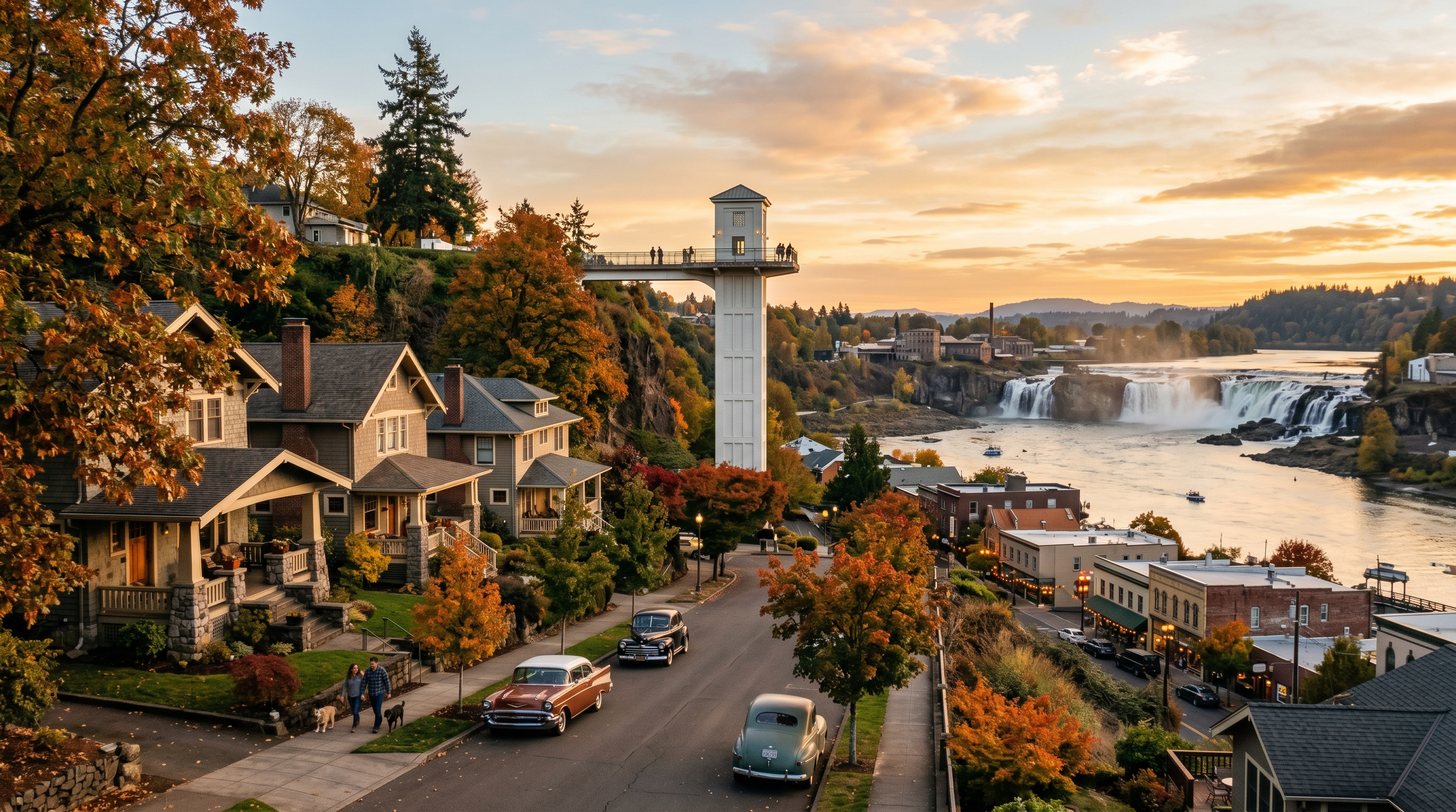 Oregon City Oregon skyline and Willamette River, home to first-time buyers and growing families